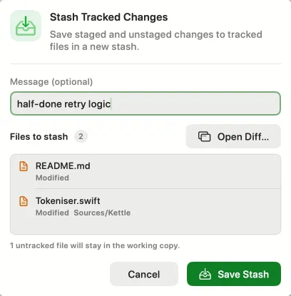 The Stash Tracked Changes sheet, with a message typed into it, the two modified files it would take, and a note that one untracked file will stay in the working copy — light appearance