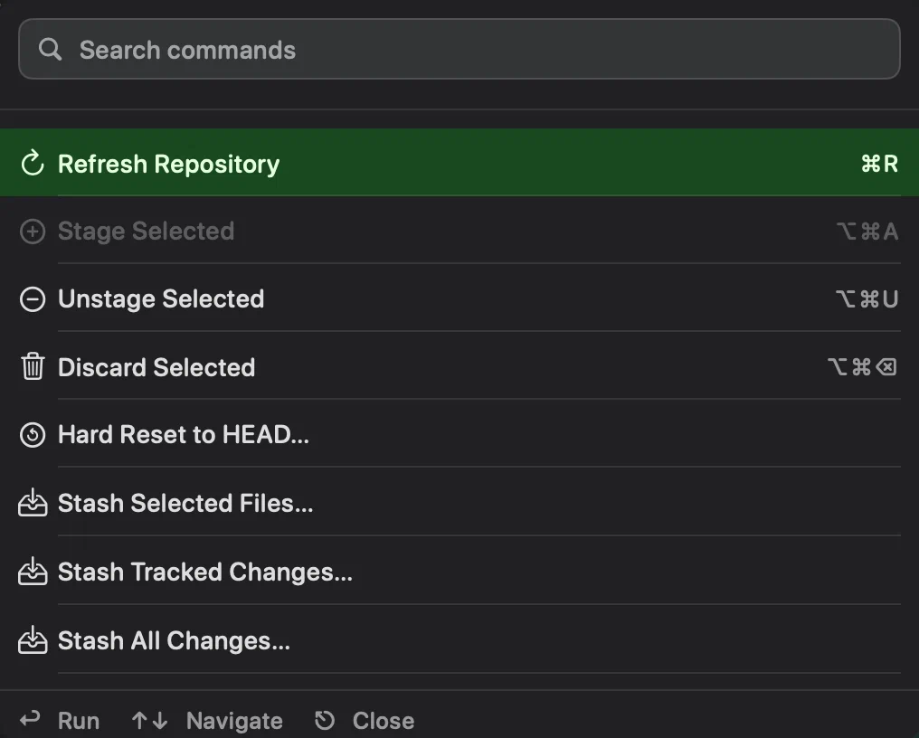 The Command Palette listing Stash Selected Files, Stash Tracked Changes and Stash All Changes one after another, among the other repository commands
