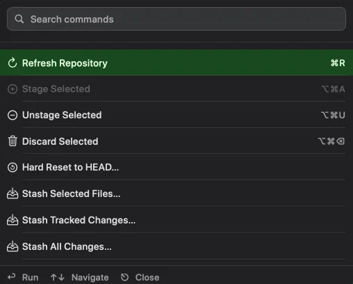 The Command Palette listing Stash Selected Files, Stash Tracked Changes and Stash All Changes one after another, among the other repository commands
