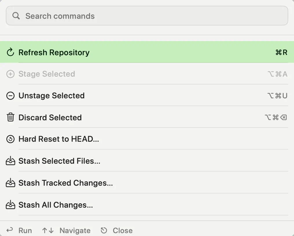 The Command Palette listing Stash Selected Files, Stash Tracked Changes and Stash All Changes one after another, among the other repository commands — light appearance