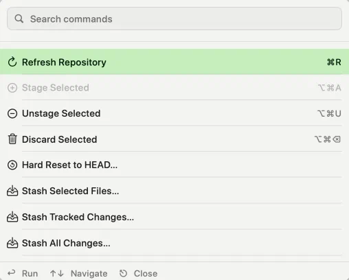 The Command Palette listing Stash Selected Files, Stash Tracked Changes and Stash All Changes one after another, among the other repository commands — light appearance