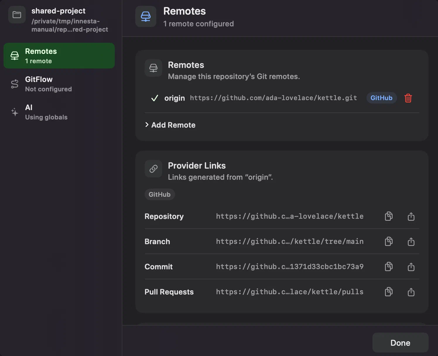 The Remotes page of Innesta's repository settings, listing origin with a tick, its URL, a GitHub badge and a bin, with a closed Add Remote disclosure under it and the provider links generated from origin below