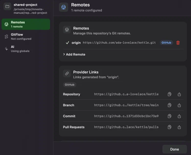 The Remotes page of Innesta's repository settings, listing origin with a tick, its URL, a GitHub badge and a bin, with a closed Add Remote disclosure under it and the provider links generated from origin below