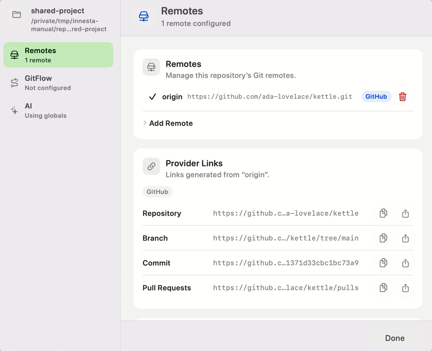 The Remotes page of Innesta's repository settings, listing origin with a tick, its URL, a GitHub badge and a bin, with a closed Add Remote disclosure under it and the provider links generated from origin below — light appearance