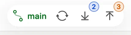 The three sync buttons in Innesta's toolbar beside the branch name: fetch with no badge, pull badged two, push badged three — light appearance