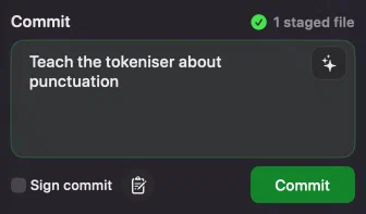 Innesta's commit panel with a message typed and one file staged