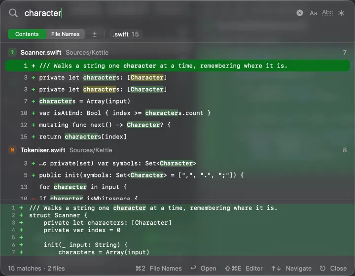 Innesta's Find in Working Copy panel searching for character, with file-type filters, matching lines and a preview