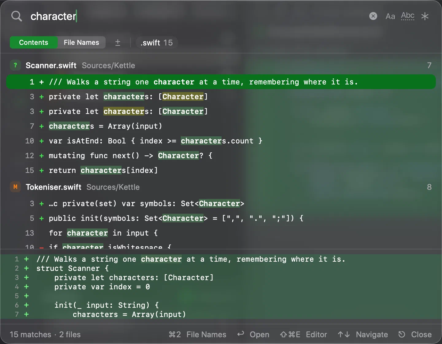 Innesta's Find in Working Copy panel searching for character, with file-type filters, matching lines and a preview