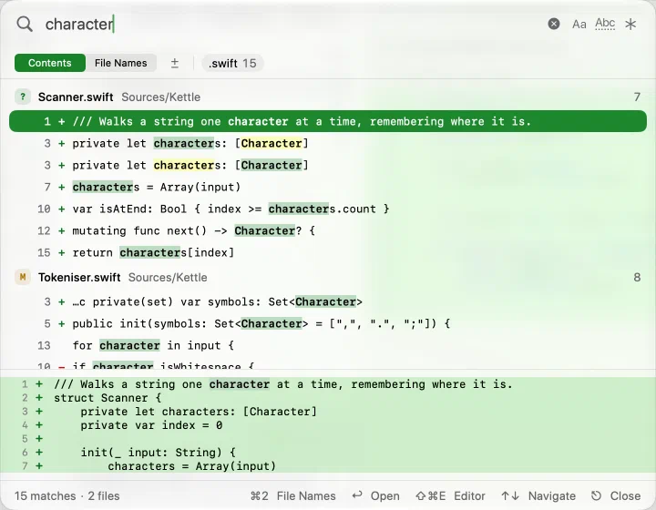 Innesta's Find in Working Copy panel searching for character, with file-type filters, matching lines and a preview — light appearance