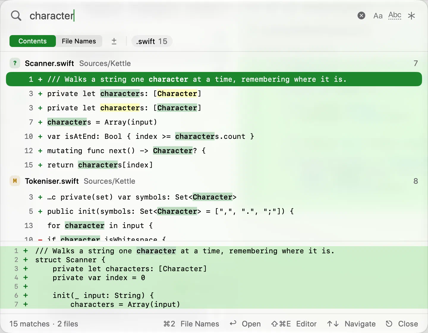 Innesta's Find in Working Copy panel searching for character, with file-type filters, matching lines and a preview — light appearance