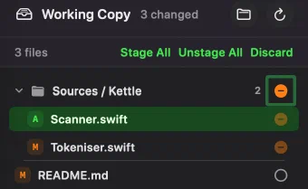 Innesta's working copy in the folder-tree layout: a Sources / Kettle row carrying a count of two files and an amber minus in a focus ring, Scanner.swift and Tokeniser.swift under it each carrying the same minus drawn faintly, and README.md at the root with an empty circle