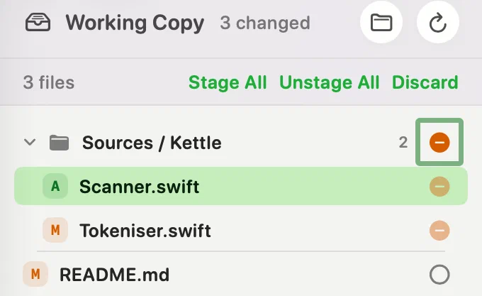 Innesta's working copy in the folder-tree layout: a Sources / Kettle row carrying a count of two files and an amber minus in a focus ring, Scanner.swift and Tokeniser.swift under it each carrying the same minus drawn faintly, and README.md at the root with an empty circle — light appearance
