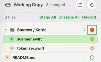 Innesta's working copy in the folder-tree layout: a Sources / Kettle row carrying a count of two files and an amber minus in a focus ring, Scanner.swift and Tokeniser.swift under it each carrying the same minus drawn faintly, and README.md at the root with an empty circle — light appearance