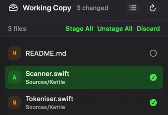 The working copy file list after staging a file: README.md marked M with an empty circle at the end of its row, Scanner.swift marked A with a green tick, and Tokeniser.swift marked M with a green tick