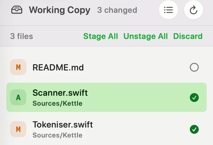 The working copy file list after staging a file: README.md marked M with an empty circle at the end of its row, Scanner.swift marked A with a green tick, and Tokeniser.swift marked M with a green tick — light appearance
