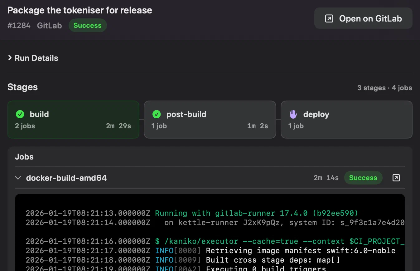 GitLab CI pipeline runs, stages and jobs shown in the sidebar of Innesta, the native macOS Git client