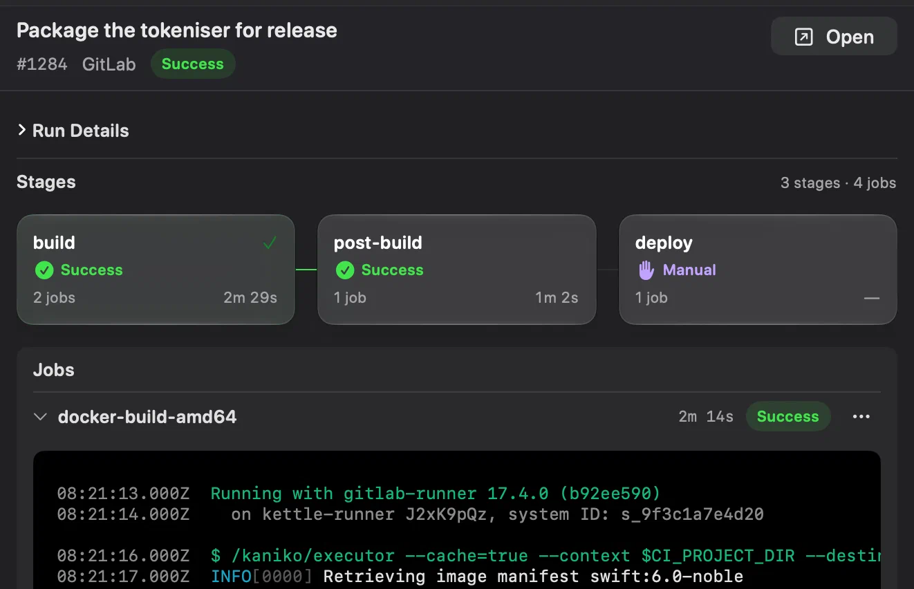 GitLab CI pipeline runs, stages and jobs shown in the sidebar of Innesta, the native macOS Git client