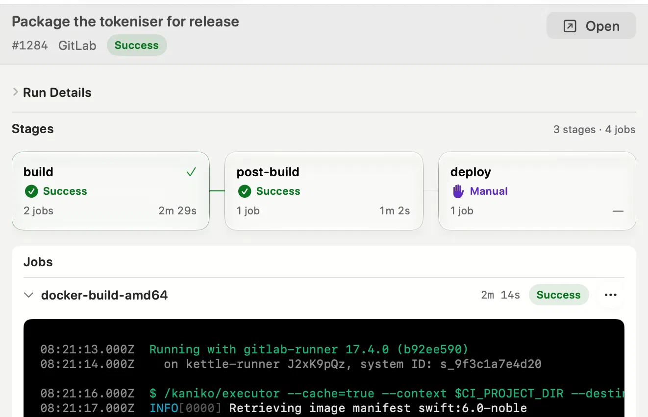 GitLab CI pipeline runs, stages and jobs shown in the sidebar of Innesta, the native macOS Git client — light appearance