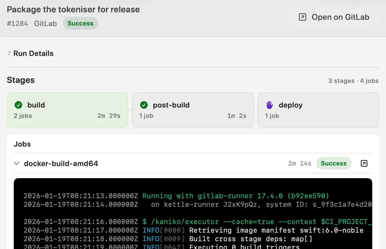 GitLab CI pipeline runs, stages and jobs shown in the sidebar of Innesta, the native macOS Git client — light appearance