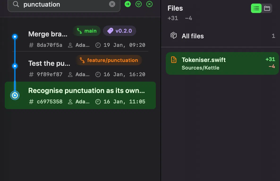 Full-text commit history search in Innesta for macOS, with the matching commits, their files and the diff side by side