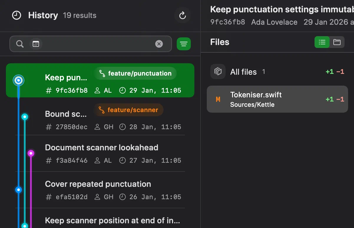 History search in Innesta for macOS filtered to January, with three branch lanes and the selected commit’s files
