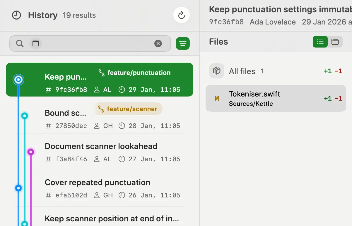 History search in Innesta for macOS filtered to January, with three branch lanes and the selected commit’s files — light appearance
