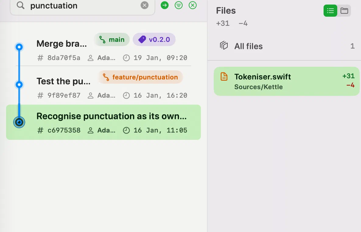 Full-text commit history search in Innesta for macOS, with the matching commits, their files and the diff side by side — light appearance