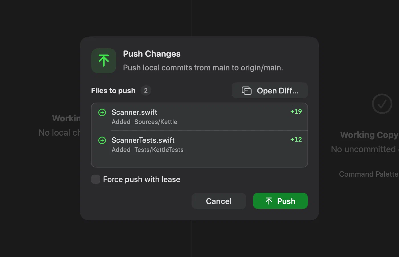 Push Changes sheet in Innesta for macOS listing every file about to leave, with an Open Diff button and force push with lease