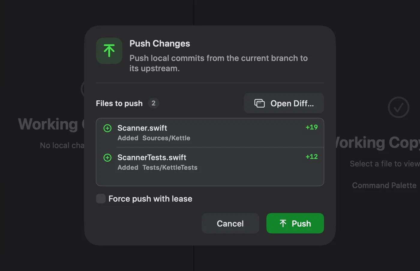 Push Changes sheet in Innesta for macOS listing every file about to leave, with an Open Diff button and force push with lease