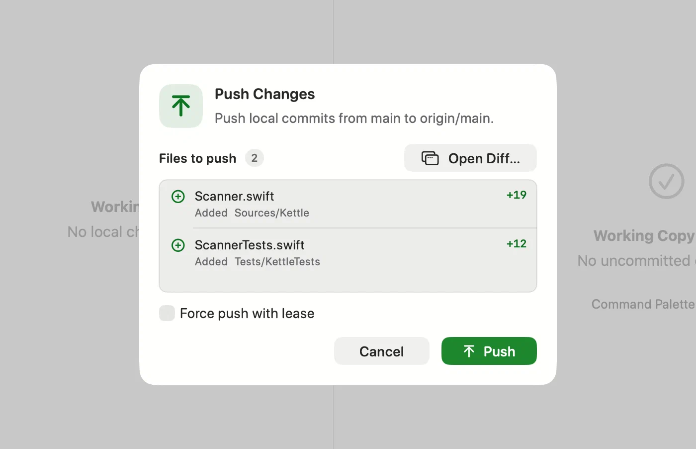 Push Changes sheet in Innesta for macOS listing every file about to leave, with an Open Diff button and force push with lease — light appearance