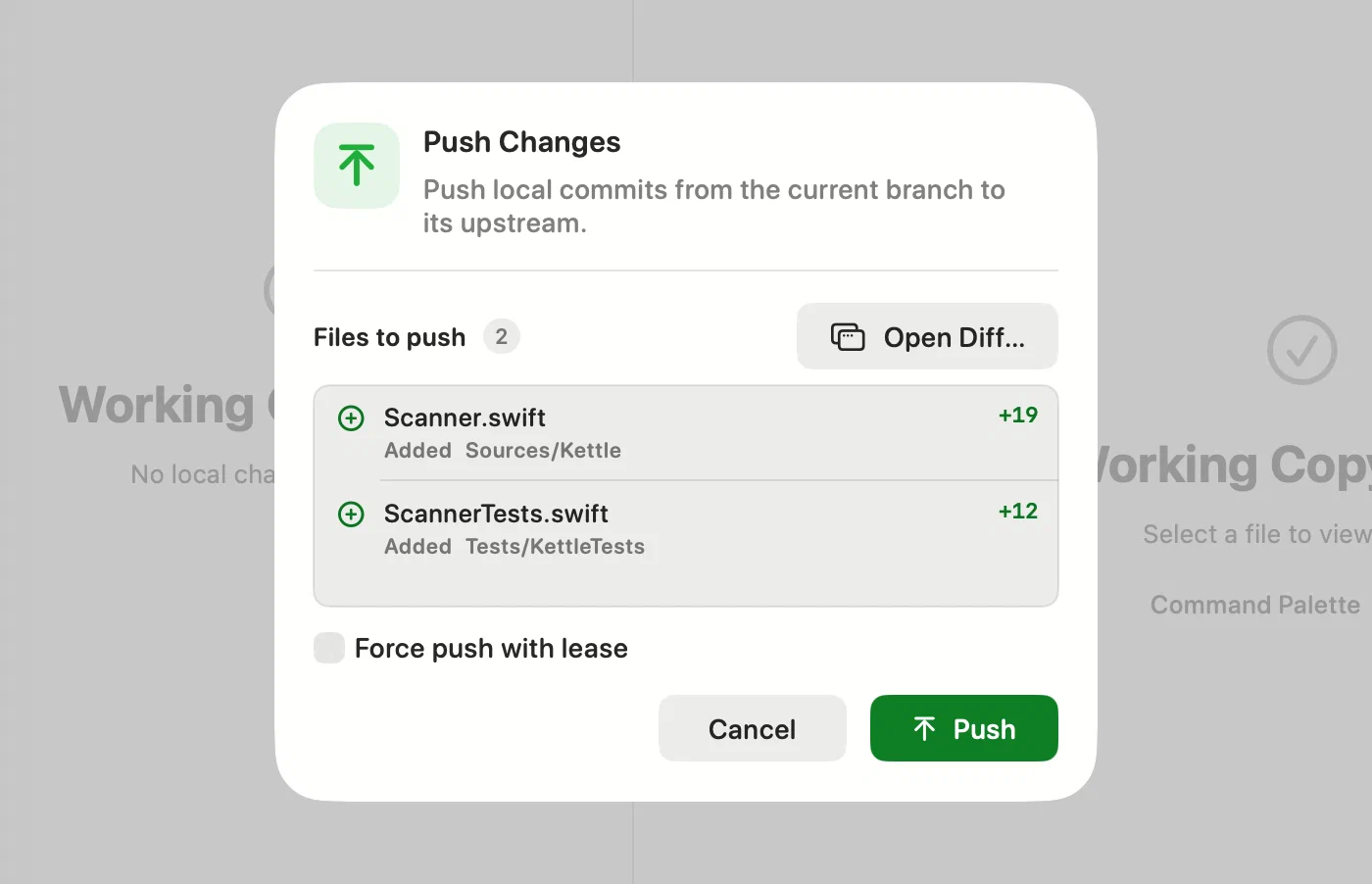 Push Changes sheet in Innesta for macOS listing every file about to leave, with an Open Diff button and force push with lease — light appearance