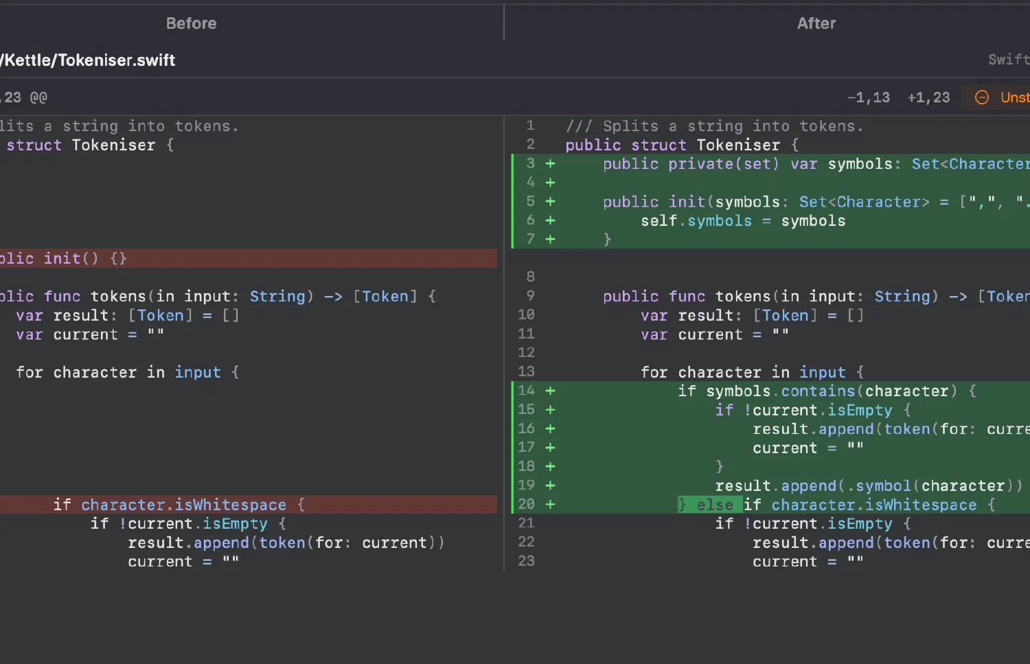 Side-by-side diff review in Innesta, the native macOS Git client, with synced line numbers, syntax highlighting and the change minimap