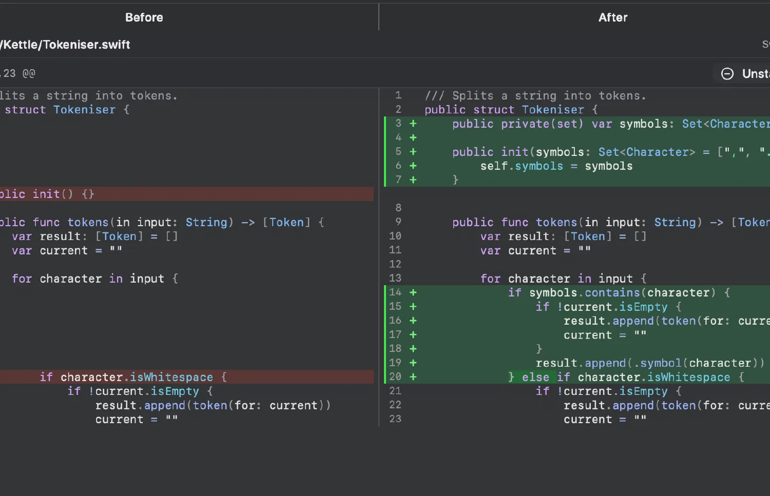 Side-by-side diff review in Innesta, the native macOS Git client, with synced line numbers, syntax highlighting and the change minimap