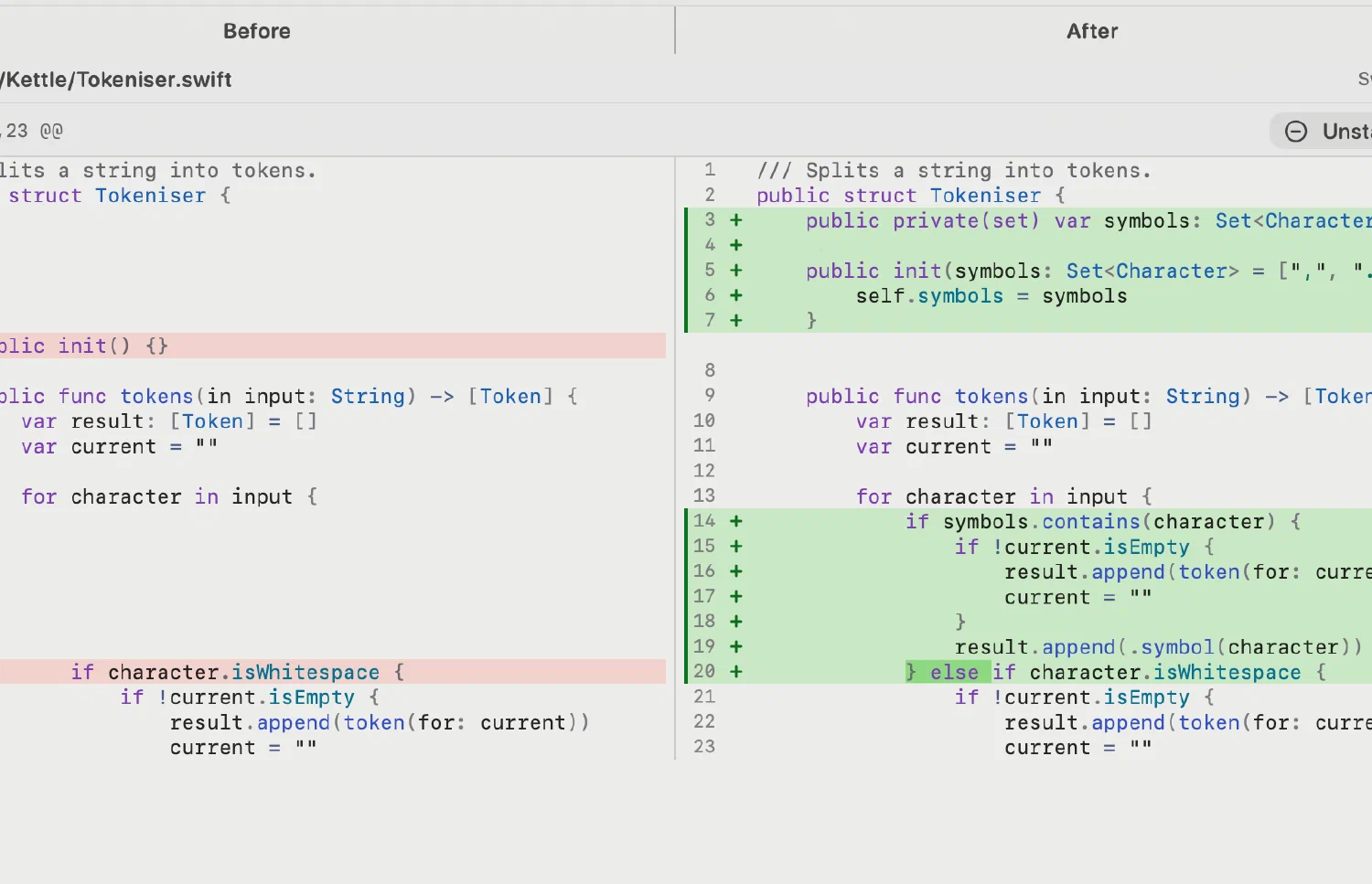 Side-by-side diff review in Innesta, the native macOS Git client, with synced line numbers, syntax highlighting and the change minimap — light appearance