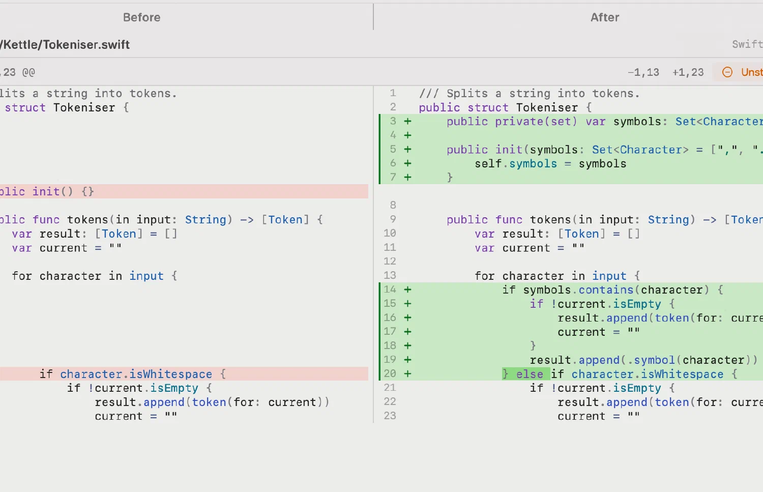 Side-by-side diff review in Innesta, the native macOS Git client, with synced line numbers, syntax highlighting and the change minimap — light appearance