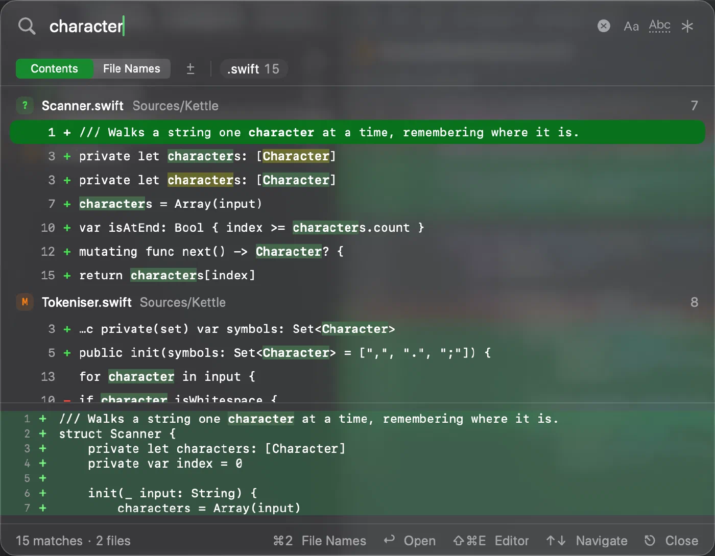 Innesta Find in Working Copy searching for character, with matching lines and a preview