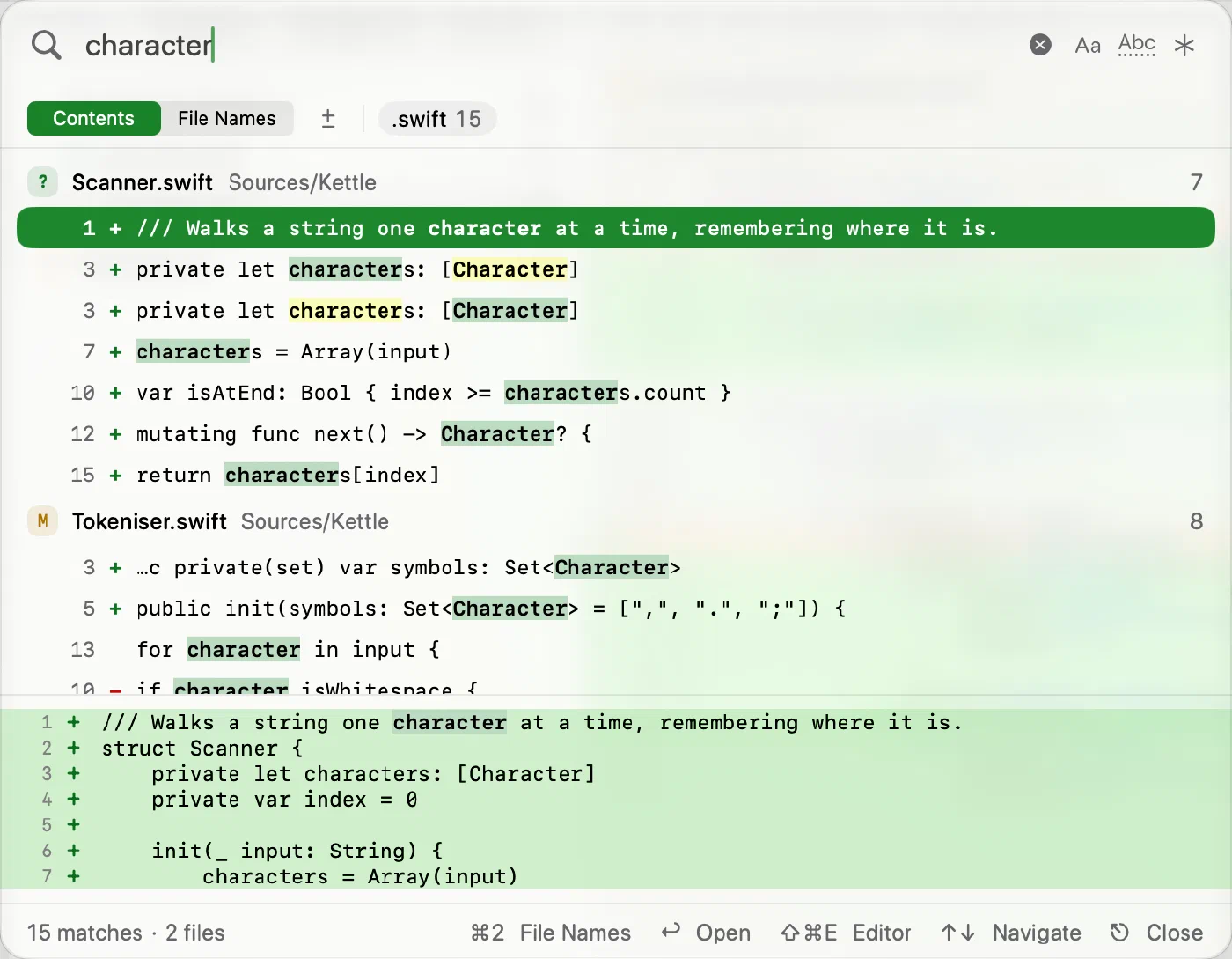 Innesta Find in Working Copy searching for character, with matching lines and a preview — light appearance