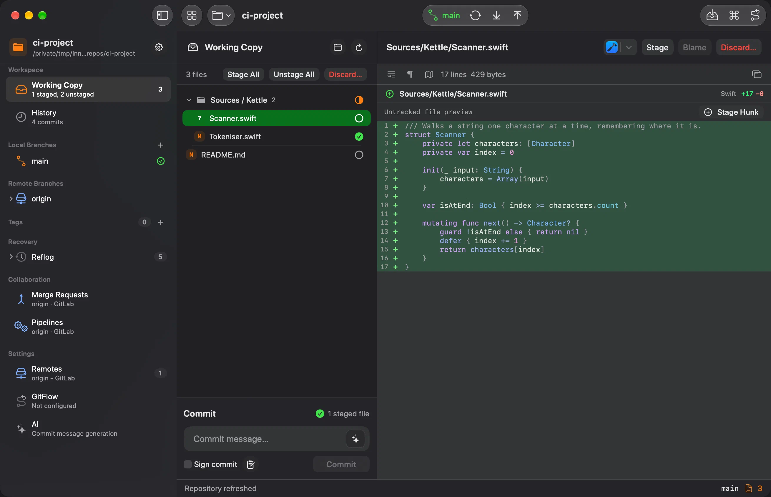 A change reviewed, staged, committed and pushed in Innesta for macOS, with the pipeline run that follows and its job log open