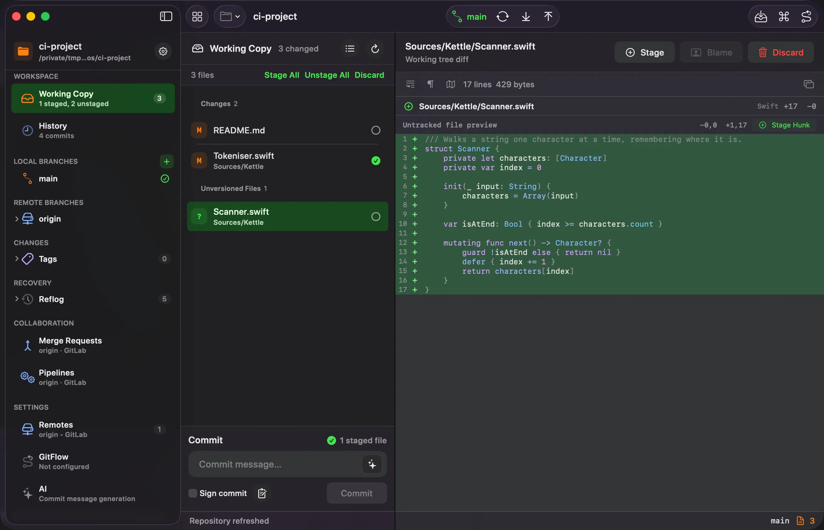A change reviewed, staged, committed and pushed in Innesta for macOS, with the pipeline run that follows and its job log open