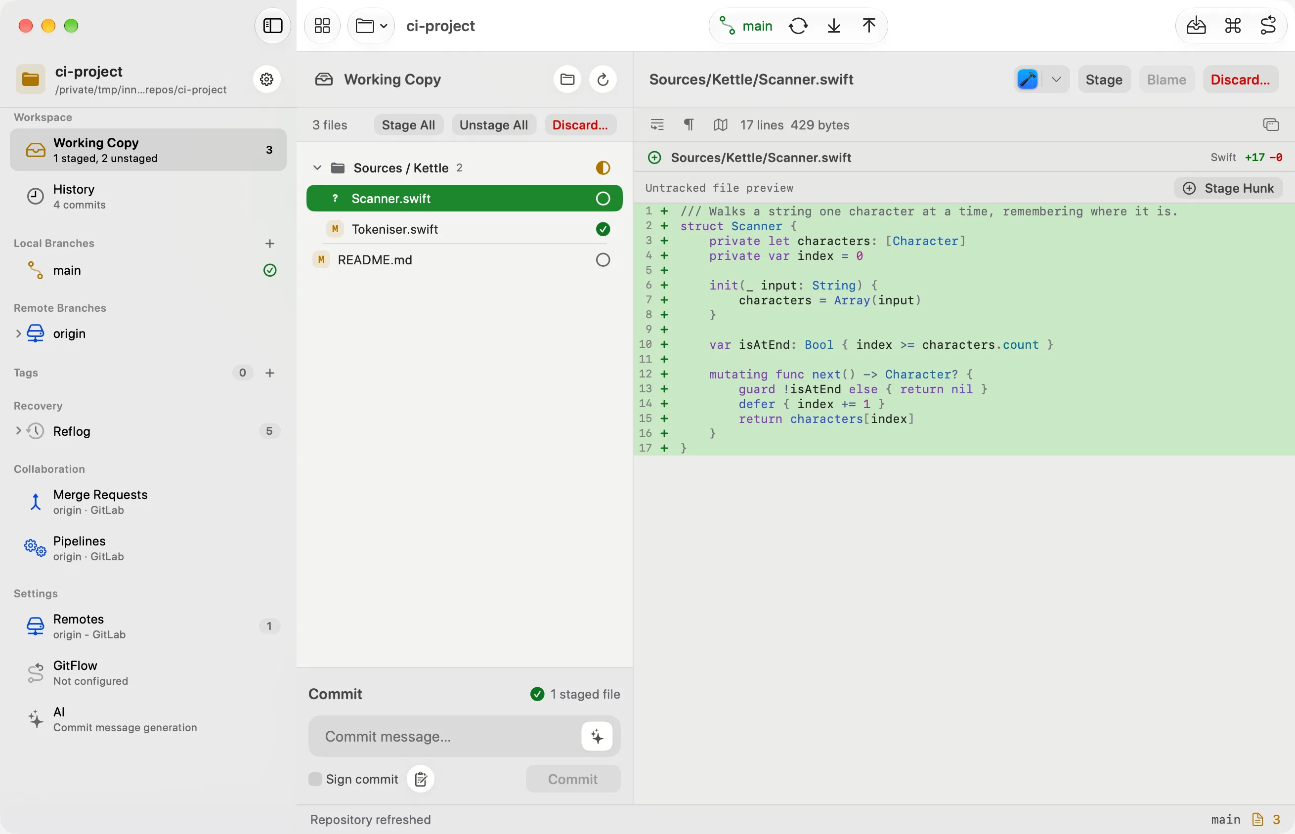 A change reviewed, staged, committed and pushed in Innesta for macOS, with the pipeline run that follows and its job log open — light appearance