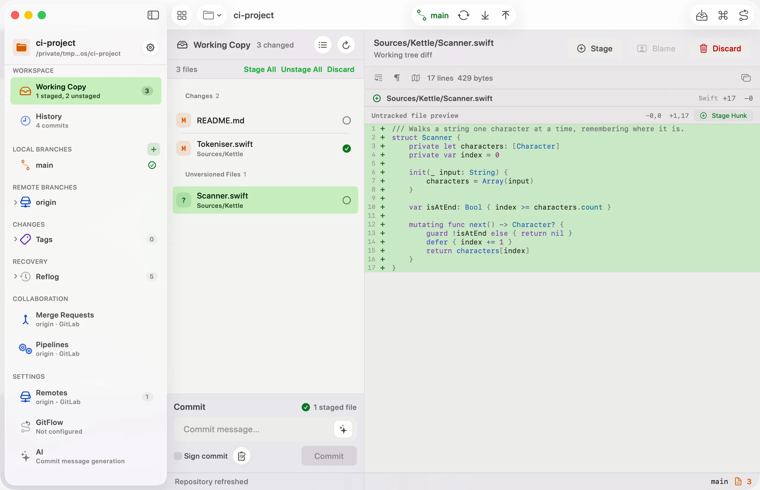 A change reviewed, staged, committed and pushed in Innesta for macOS, with the pipeline run that follows and its job log open — light appearance